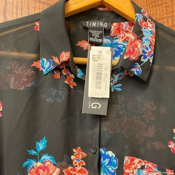 TIMING academia professor teacher sheer chiffon black floral button down blouse - Picture 2 of 8